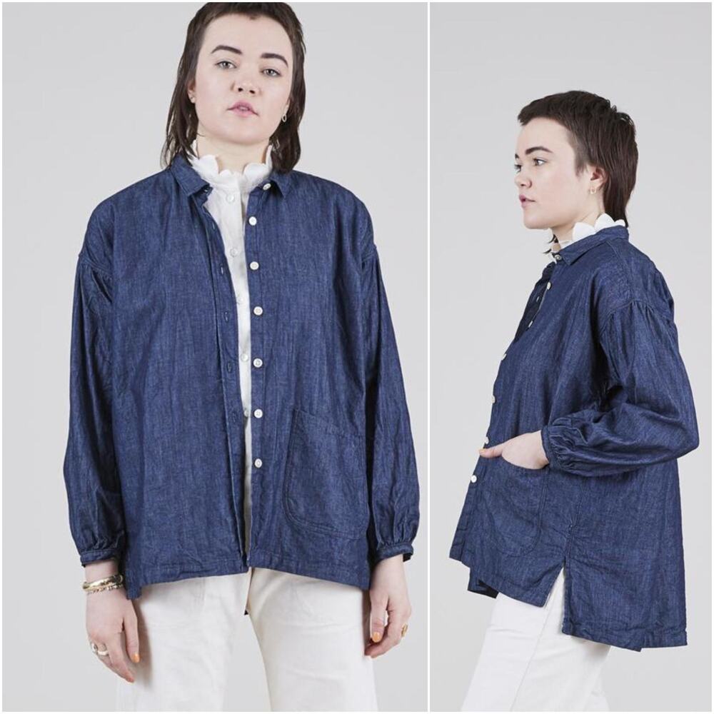 UQNATU Long Sleeve Smock Shirt Button up in Indigo Denim sz XS